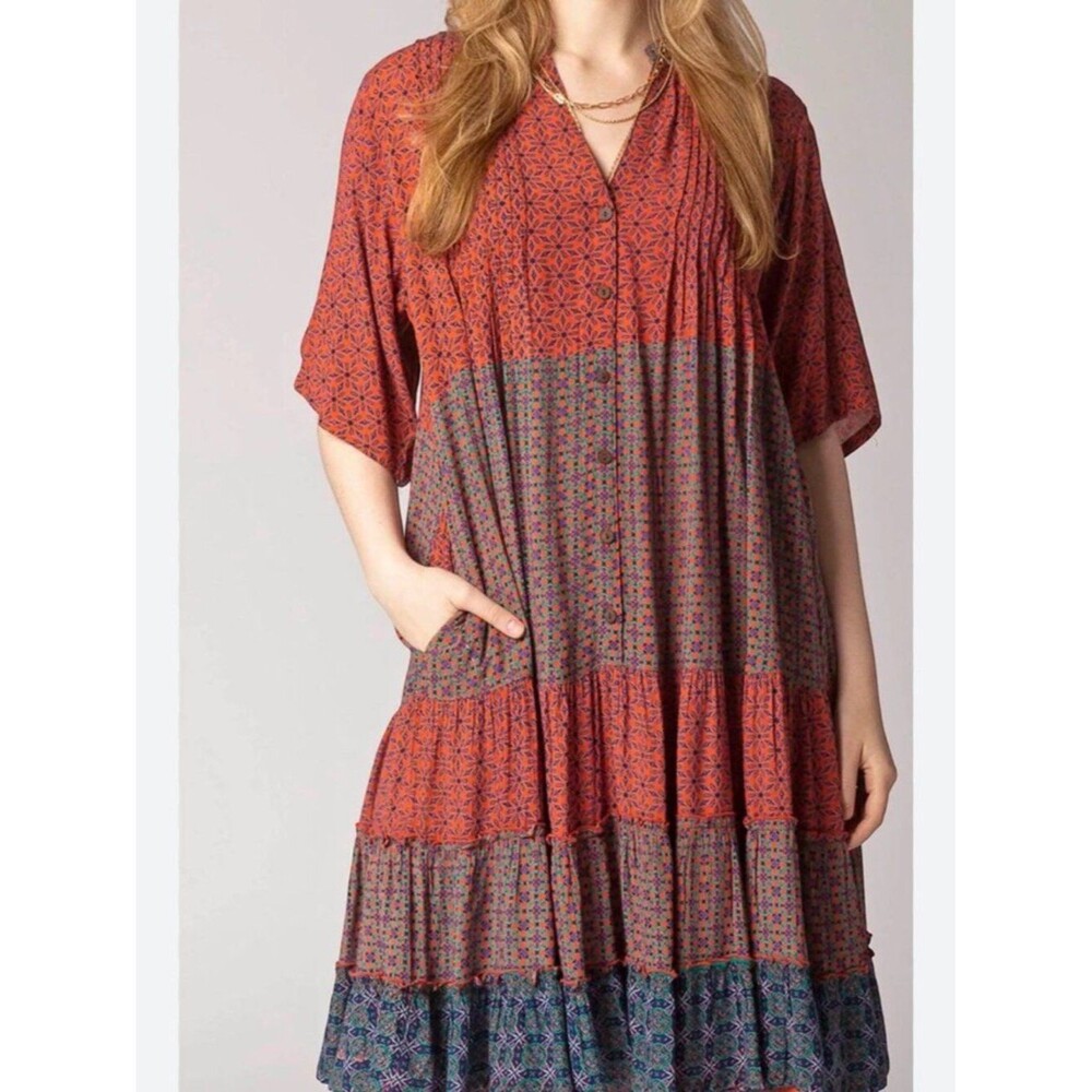 Windhorse Tiered Midi Dress Multicolor Print Rayon Boho Festival Flowy